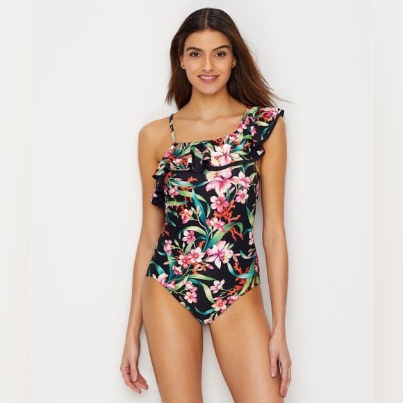 Carmen Marc Valvo Swimsuit One-Shoulder Floral-Print Ruffle One-Piece - Picture 2 of 10